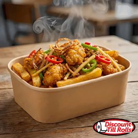 Irish takeaway spice box with battered chicken, chips, and peppers in a 1000ml SpiritPak Kraft Rectangular Food Container featuring a clear, secure PP lid.