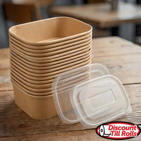 Neatly stacked SpiritPak Kraft rectangular food containers alongside clear PP lids, demonstrating the space-saving storage design for busy takeaway kitchens.