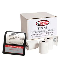 Box of 50 Tetas taxi receipt rolls. High-quality thermal paper for clear, durable receipts with free next-day delivery in Ireland.A close-up of a crisp and legible taxi receipt printed on Tetas OEM-approved thermal paper, demonstrating its fade-resistant quality