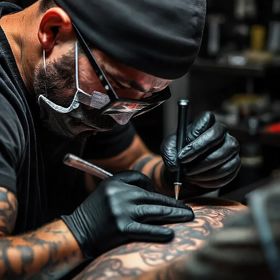 A Tatto artist wearing black nitrile gloves while preparing food in a commercial kitchen