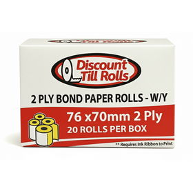 Front view of a Discount Till Rolls branded box of 76 x 70mm 2-ply bond paper rolls in white and yellow, 20-roll box, Ireland.