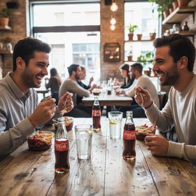 Diners eating healthy açaí bowls in 16oz eco-friendly RPET containers in a bustling restaurant setting.
