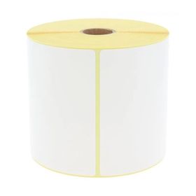 "Close-up view of 102x152mm (6x4 inch) thermal labels with perforation for easy tear-off, perfect for courier companies like DHL, UPS, and FedEx."