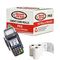 A side view of a Discount Till Rolls Box with a PAX S500 Terminal and 3 loose rolls in front of the box