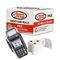 A side view of a Discount Till Rolls Box with a PAX S800 PRO Terminal and 3 loose rolls in front of the box